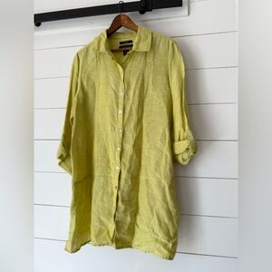 TAHARI Chartreuse 100% Linen Collared Button Front Blouse Shirt Tunic Size Large